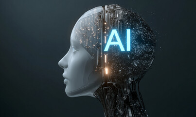 A glowing blue light shines on the side of an illustration of a human head with circuit board patterns inside, symbolizing artificial intelligence. The "AI" logo is visible in brain