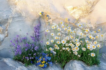 A vibrant mix of white daisies, purple, and blue flowers growing from cracks of a gray rock.