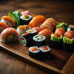 Detailed close-up studio photograph of fresh assorted sushi rolls with glossy fish and vibrant ingredients.