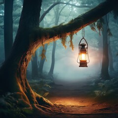 Eine alte Laterne hängt an einem knorrigen Ast in einem nebelverhangenen Wald bei Dämmerung.