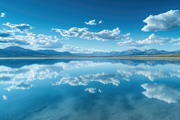 Serene lake reflects a brilliant blue sky dotted with fluffy white clouds, with distant mountains adding depth to the scene.