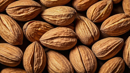 Detailed close-up of whole almond nuts forming a natural textured background with warm earthy tones.