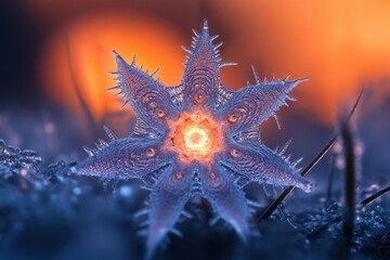 Detailed macro shot of a snowflake with intricate patterns and crystalline structure against a blurred orange background.
