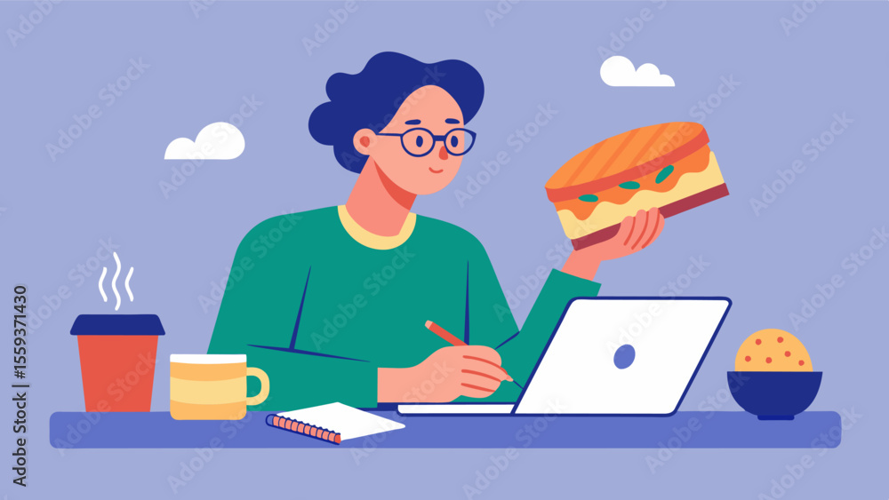 Poster in between sips of coffee and bites of their sandwich the freelancer made notes in their notebook ab