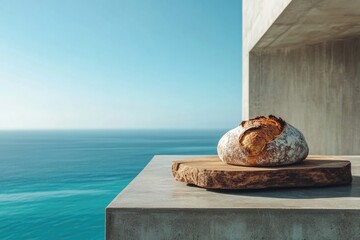 A loaf of rustic bread on a wooden board with ocean backdrop in concrete setting.