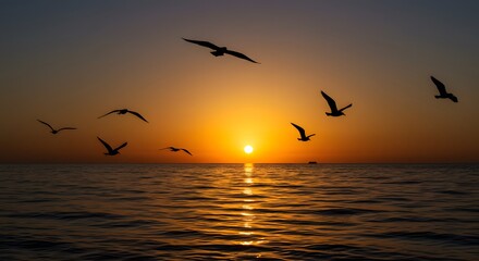 Seagulls at Sunset: Silhouetted seagulls take flight against a vibrant sunset over a calm sea, creating a breathtaking and serene scene.