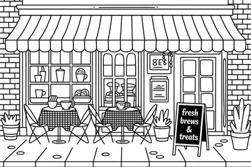 Black and white cafe with outdoor seating, fresh brews and treats.
