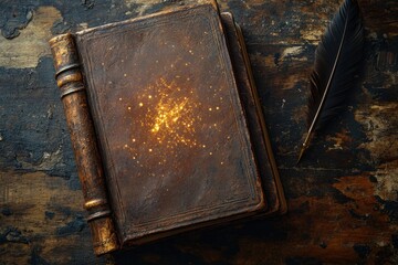 An old, leather-bound book with a magical glow lies next to a quill on a weathered wooden surface, evoking a sense of mystery.