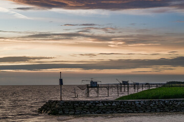 Sunset of Fishing huts over Randonnee entre Histoire et Nature, Fouras, Fouras-les-Bains,...