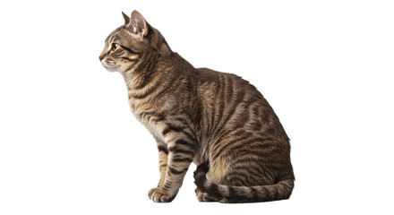 Tabby Cat Sitting Profile Isolated White Background 2.