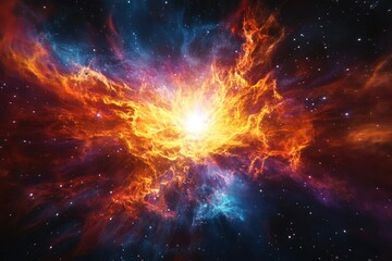 A vibrant nebula explodes with color, showcasing cosmic dust and gas illuminated by a central, radiant light source, amidst distant stars.