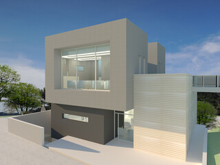 modern office building with windows, 3d architectural rendering of a modern cafe building in the country