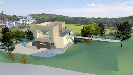 swimming pool in hote, 3d architectural rendering of a modern cafe building with bridge in the parkl