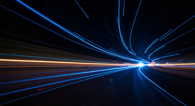 Abstract image of light trails showcasing speed and dynamic movement on road