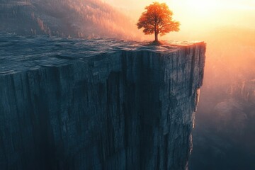 A lone tree atop a towering cliff basks in the warm glow of the setting sun, a symbol of resilience.