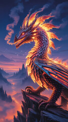 Fiery dragon perched on a mountain peak, overlooking a misty landscape.
