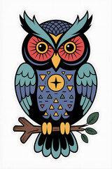 Colorful owl perched on a branch, intricate design.
