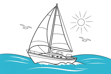 Sailboat cuts through turquoise waves under a bright sun.
