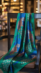 Teal silk scarf with tigers, peacock spots. Stylish design.
