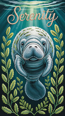 Gentle manatee, serene underwater, framed by aquatic plants.
