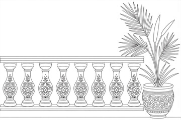 Ornate balcony railing with decorative pillars and a potted palm.
