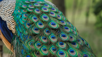 Peacock's iridescent, patterned tail feathers.
