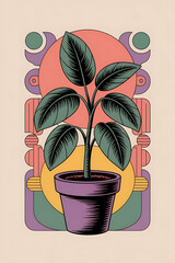 A plant in a pot, surrounded by geometric shapes.
