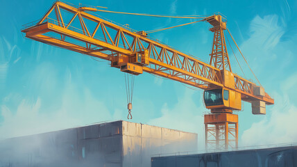Yellow crane lifts construction materials.
