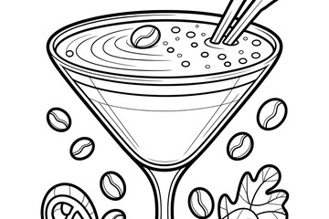 Elegant martini glass, coffee beans, and swirls.
