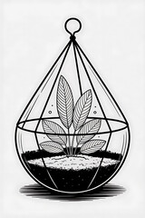 Teardrop-shaped terrarium, plant in geometric cage.
