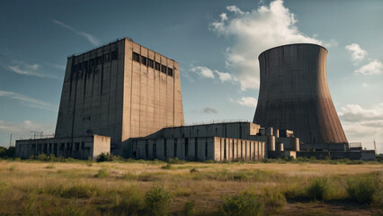 Rusting and weathered old nuclear power plant structure standing unused, showing signs of decay and neglect.