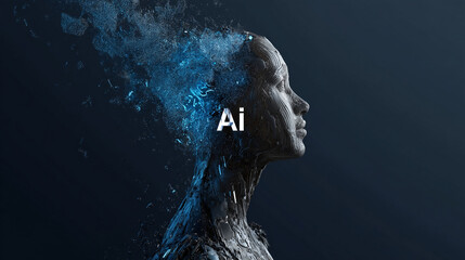 A glowing blue light shines on the side of an illustration of a human head with circuit board patterns inside, symbolizing artificial intelligence. The "AI" logo is visible in brain