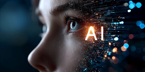 3D rendering of an AI head with the letters "AI" glowing inside, filled with circuitry and data streams. The background is blue with bokeh lights. A holographic person's face. High resolution