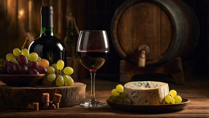Glass and bottle of red wine with cheese and grapes arranged near rustic oak barrels. Gourmet wine tasting scene.