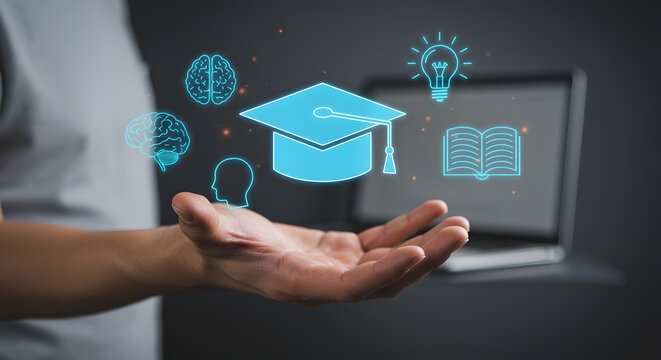 A hand presents glowing digital icons of education and knowledge, symbolizing the future of learning.