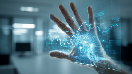 Hand interacting with holographic data interface showing a graph in a futuristic environment