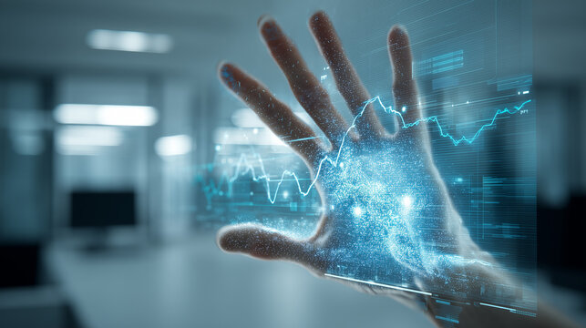 Hand interacting with holographic data interface showing a graph in a futuristic environment