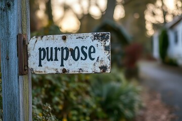 Aged Wooden Sign with the Word "Purpose" in a Nature Setting, Highlighting the Concept of Direction and Meaning in Life, Surrounded by Foliage and Indistinct Background Elements