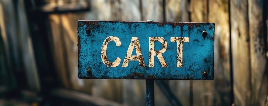 Rustic Blue Cart Sign Against Weathered Wood Background Conveying Vintage Atmosphere with Texture and Urban Street Vibes in Outdoor Setting