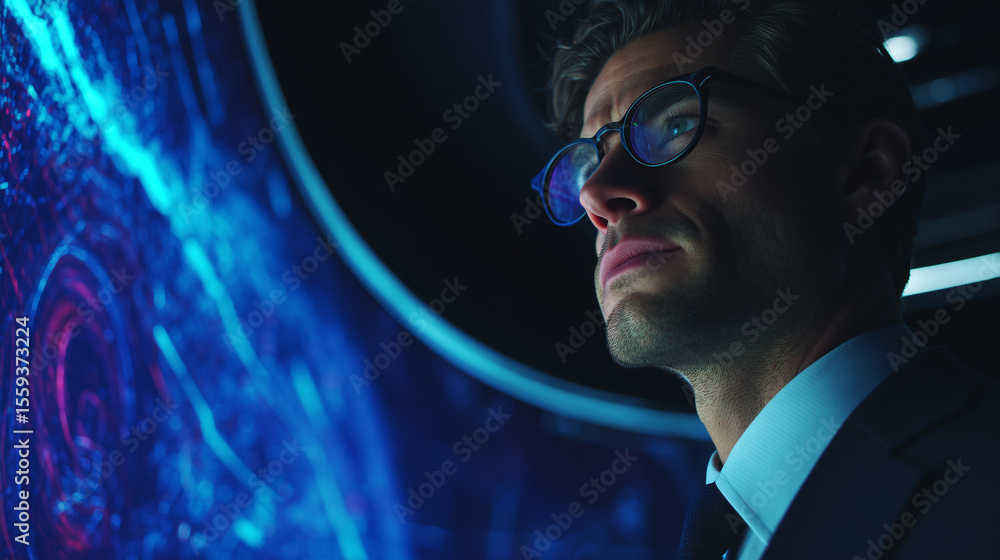 Poster man in glasses looking at a blue and red abstract display in a dark environment with focused express