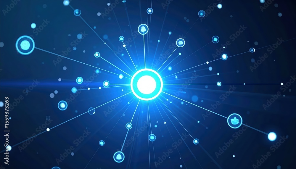 Poster advanced digital technology concept illustration showing interconnected glowing nodes and data netwo