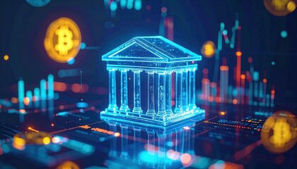 Digital Blockchain Cryptocurrency Bank Concept with Neon Lights and Financial Charts in a Futuristic Technology Environment