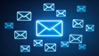 Digital Communication Concept with Neon Outlined Email Icons in a Dark Blue Background for Technology and Networking Themes