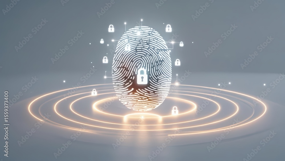 Poster highly detailed futuristic digital fingerprint with secure lock icons representing biometric securit