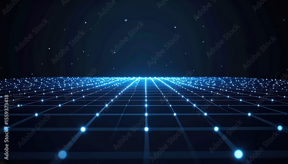 Poster a futuristic digital landscape with a glowing grid extending infinitely into the horizon, illuminate