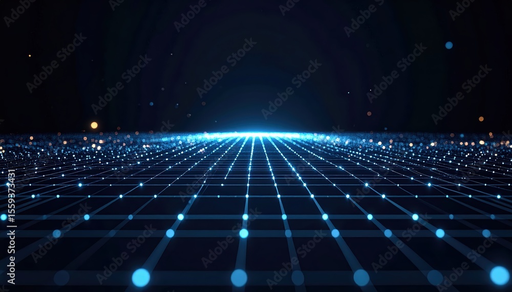 Poster futuristic digital glowing grid with sparkling light points extending into the horizon on a dark bac