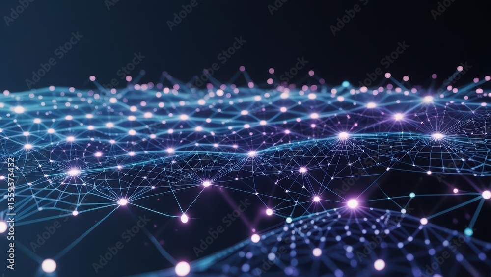 Poster abstract digital network visualization with interconnected glowing points and flowing lines represen