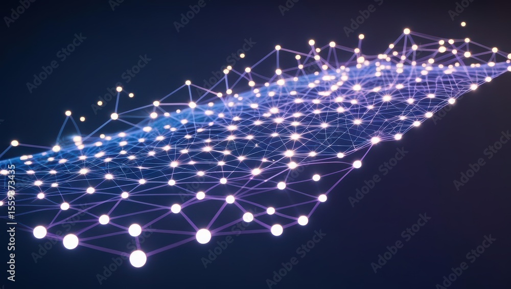 Poster abstract digital network connections with interconnected glowing points and lines forming complex ge