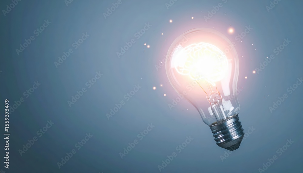 Poster bright glowing light bulb floating in space with sparks and particles creating a magical atmosphere 