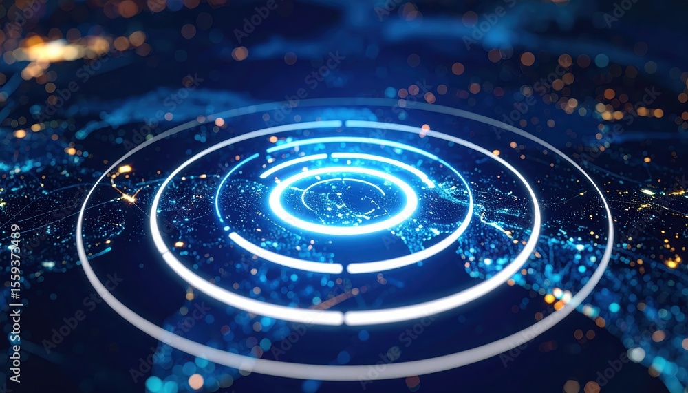 Poster futuristic digital interface with glowing concentric circles and network visualization over a starry